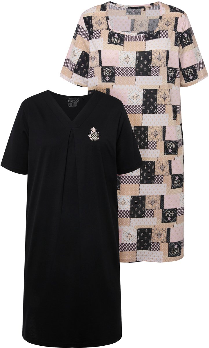 Ulla Popken - Dames - Bigshirts set van 2 ananas korte mouwen carré-/V-hals - Zwart - Maat 42+