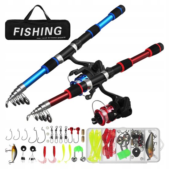 Set de pêche : 2 cannes à pêche pliables, 1 canne à lancer, 1 flotteur et appâts. | Kit de démarrage complet pour débutants et confirmés