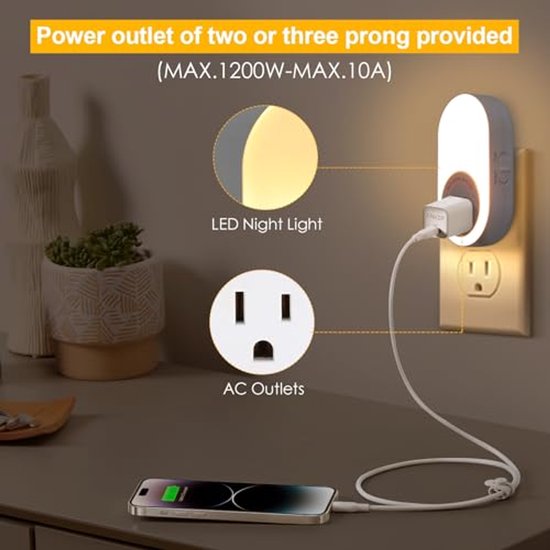 Nachtlampje met schemering tot dageraad sensor, instelbare helderheid voor slaapkamer en woonkamer van Merkloos — afbeelding 2