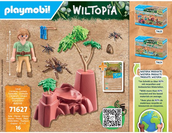 Playmobil Wiltopia spinrotsen met figuur, spinnen, boom en informatie.