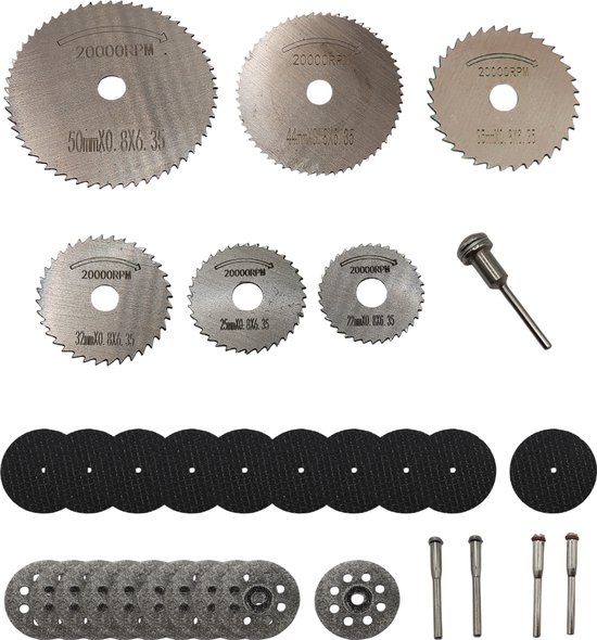 Een set van zes metalen snijschijven met getande randen, variërend in grootte van 22mm tot 50mm. Inclusief mandrels.