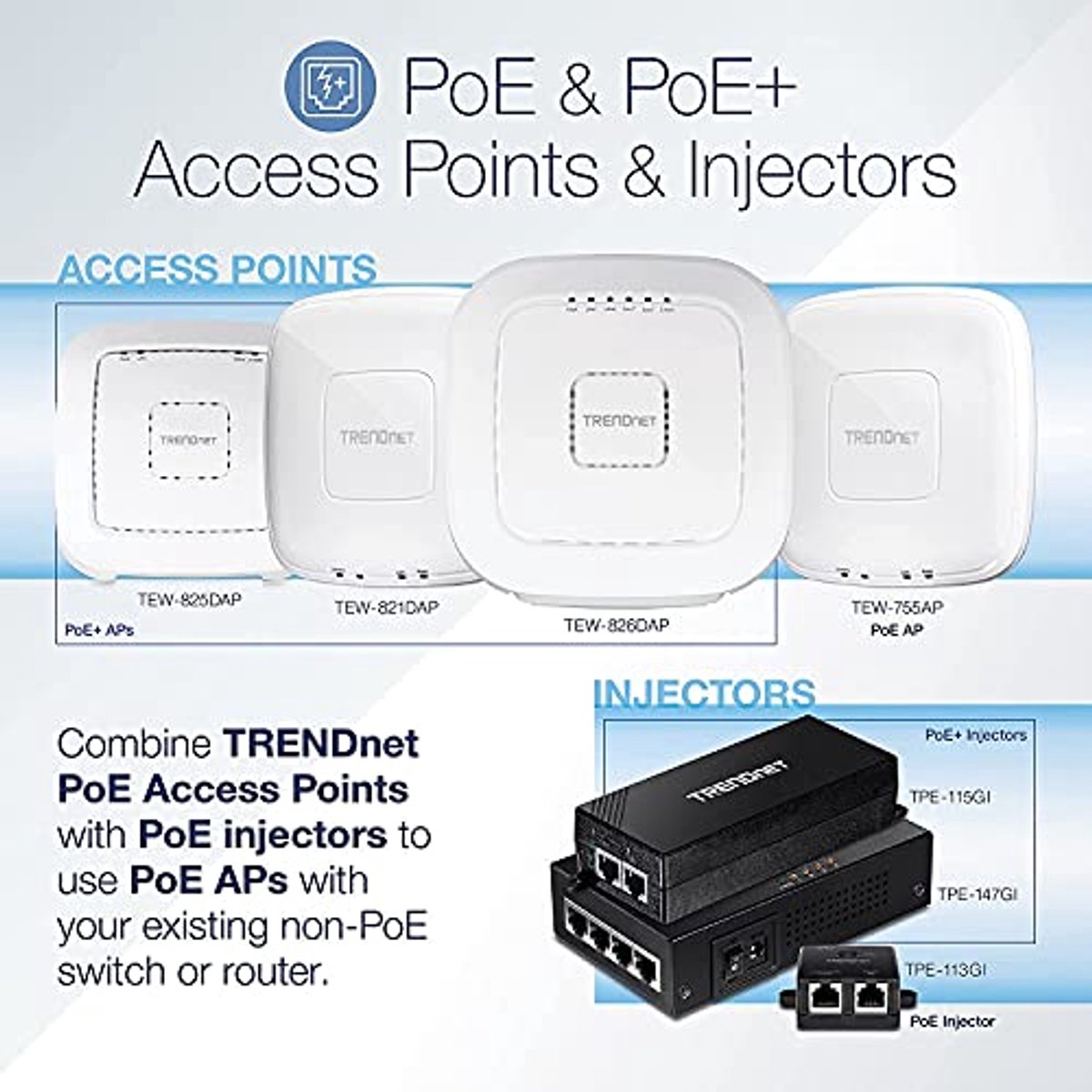 Gigabit Power Over Ethernet Plus Injector voor PoE+ en PoE-verbindingen