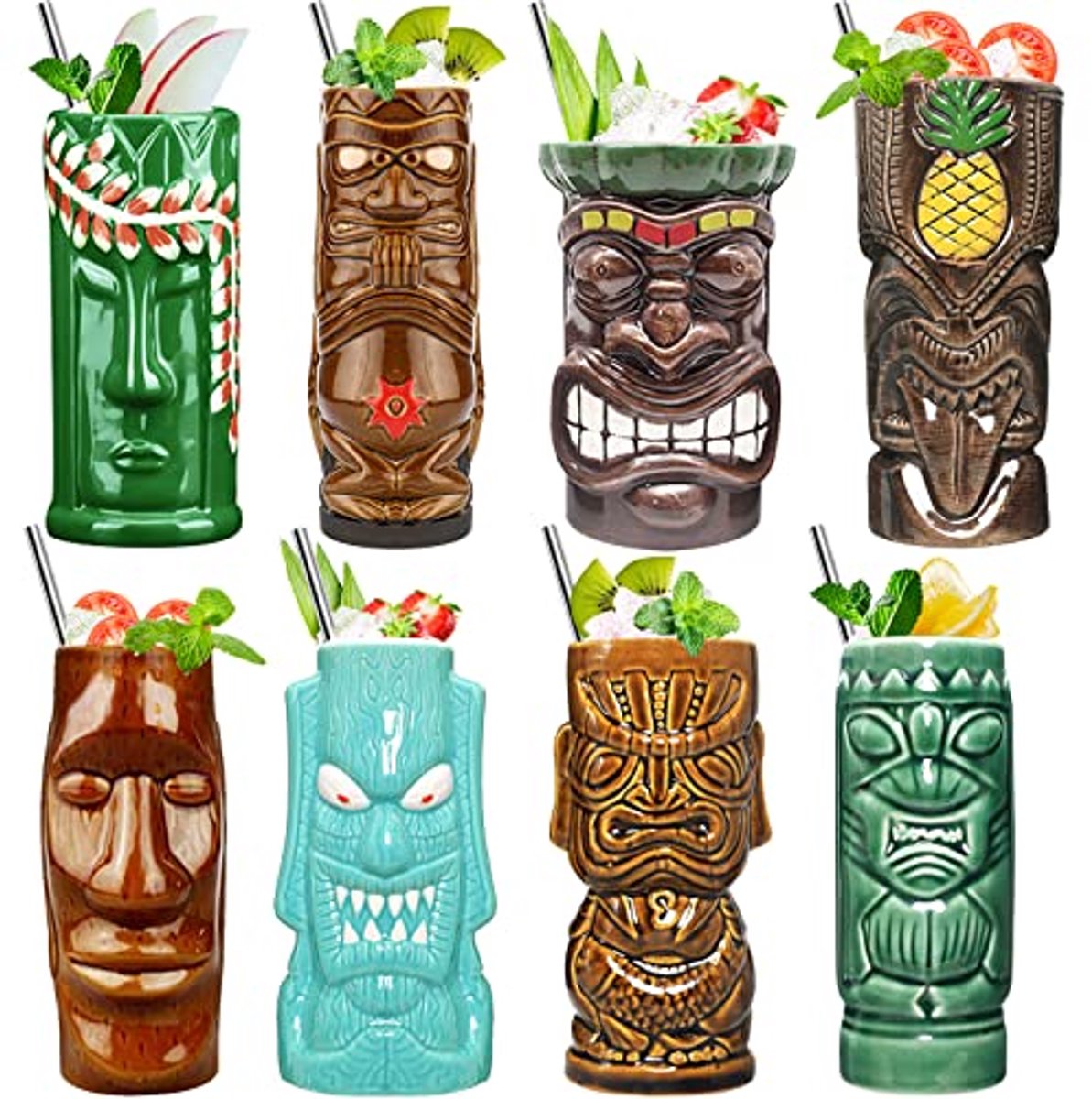 Set van 8 keramische Hawaiiaanse feestmokken voor cocktails - Perfect voor Tiki Bar en exotische feesten