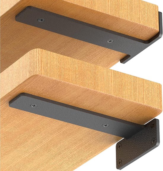 Support d'Étagère - Équerre d'Angle Noire - 6 Pièces - 90 Degrés - Serre-Joints d'Angle Métalliques - 19 cm - Équerre à Charge Lourde - Support Mural - Équerre Stable avec Vis et Supports Muraux