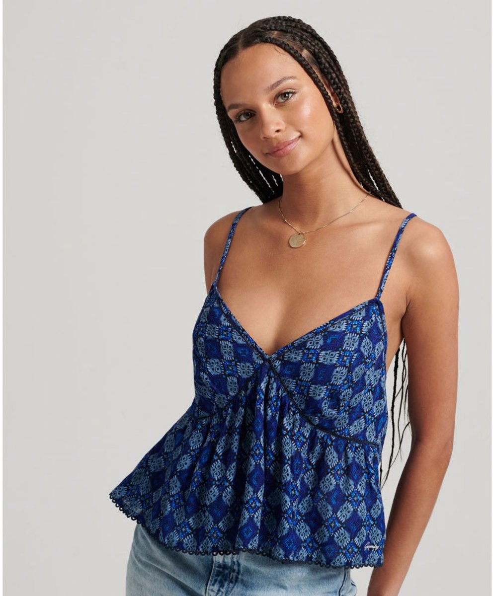Superdry Vintage Tiered Cami Mouwloze Blouse M Vrouw Blauw
