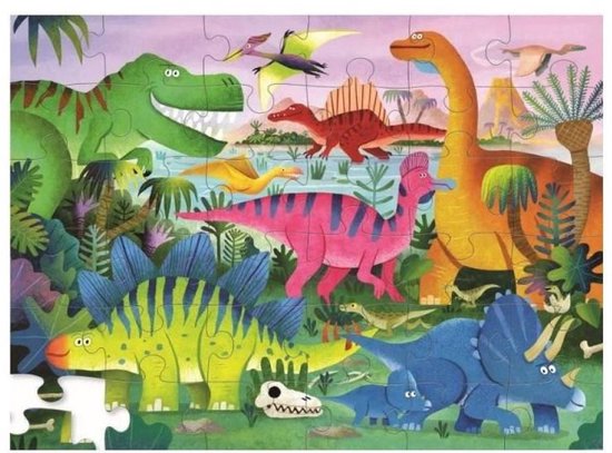 Kinderpuzzel met diverse dinosaurussen in een prehistorisch landschap, waaronder een grote groene T-Rex, een rode Spinosaurus en een oranje Brachiosaurus.