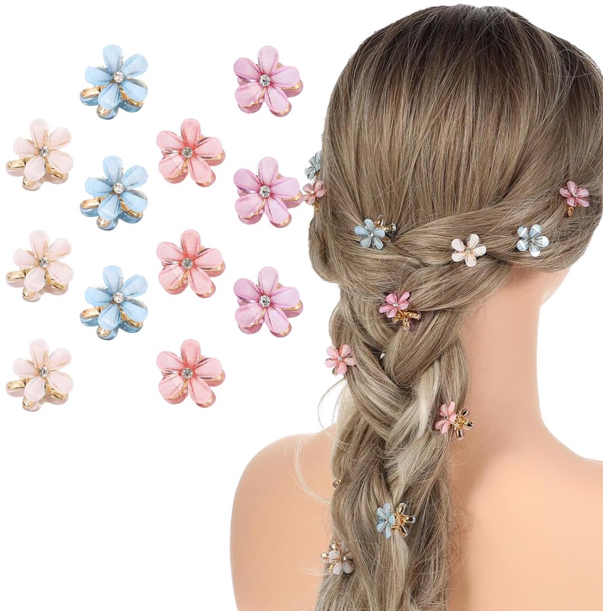 12 Pcs Mini Haarspelden - Bloemvormige Rhinestone - Blauw, Beige, Roze, Paars