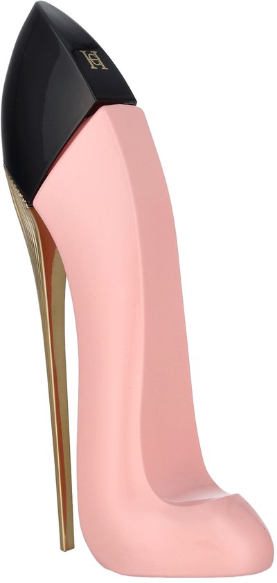 Roze pumpvormige parfumfles met zwarte hak en gouden details.