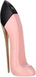 Roze pumpvormige parfumfles met zwarte hak en gouden details.