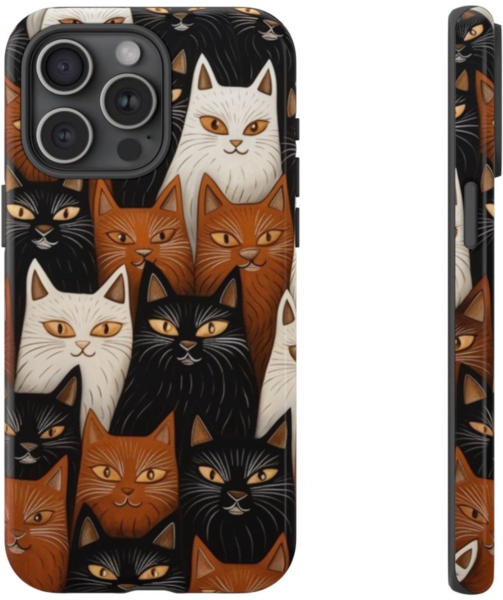 Zwart-Bruin-Wit Kattenpatroon – Glanzend Stevig Hoesje Geschikt voor iPhone 15 Pro Max