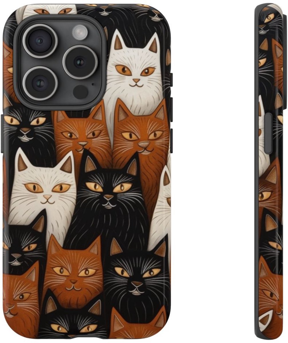 Zwart-Bruin-Wit Kattenpatroon – Glanzend Stevig Hoesje Geschikt voor iPhone 15 Pro