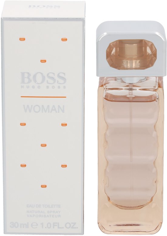 Hugo Boss Woman Eau de Toilette 30ml flacon in geribbeld glas met zilverkleurige dop, naast de verpakking.