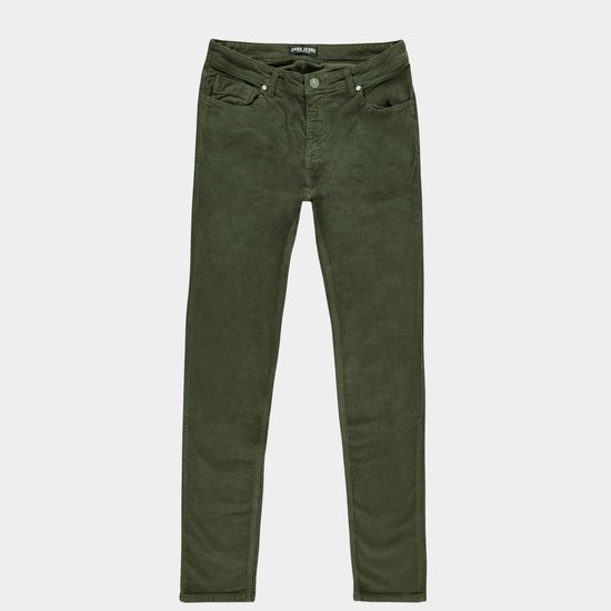 Groene slim fit corduroy broek voor heren, met het merk 'CARS JEANS' op de tailleband.