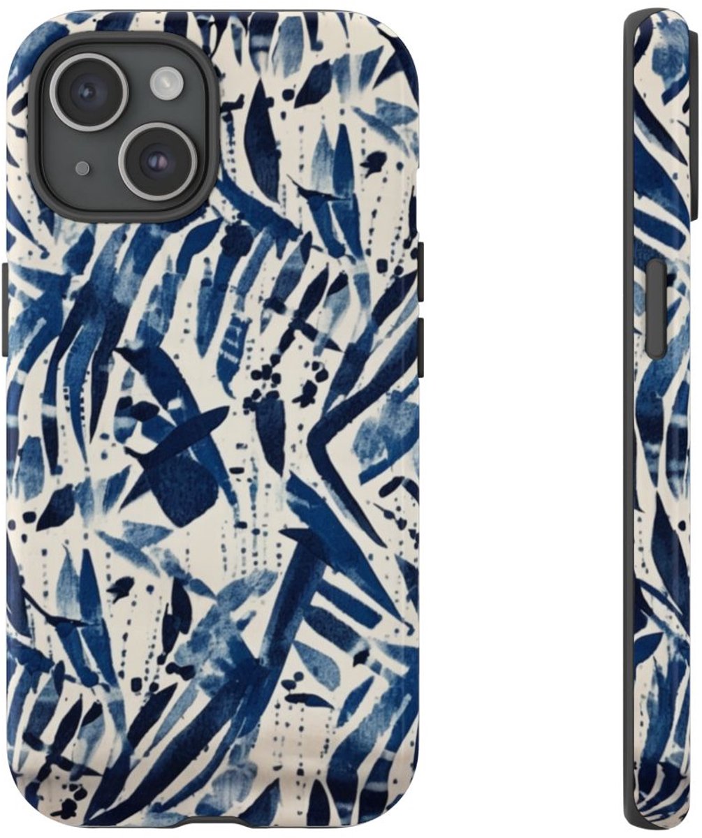 Blauw Abstract Penseelstrepenpatroon – Telefoonhoesje Geschikt voor iPhone 15