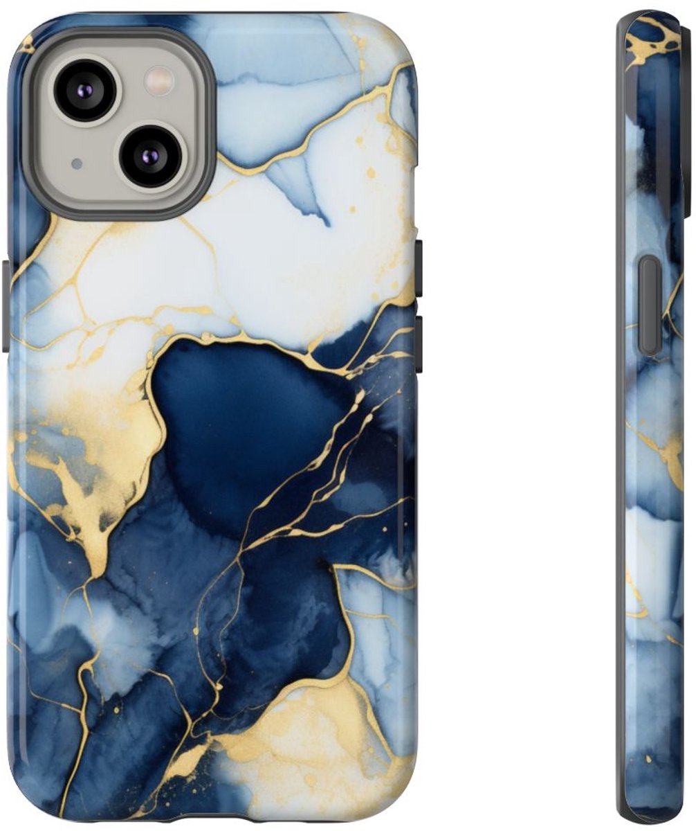 Diepblauw en Goud Abstract Inktpatroon – Telefoonhoesje Geschikt voor iPhone 14