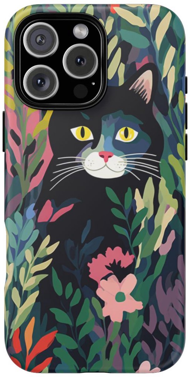 Zwarte Kat Tussen Kleurrijke Bloemen – Telefoonhoesje Geschikt voor iPhone 16 Pro Max