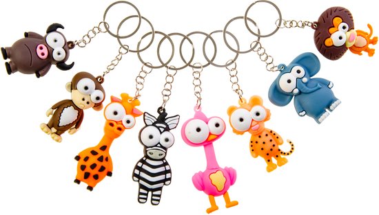 Collectie van 8 cartoon dierensleutelhangers aan ringen: buffel, aap, giraf, zebra, flamingo, luipaard, olifant, leeuw.