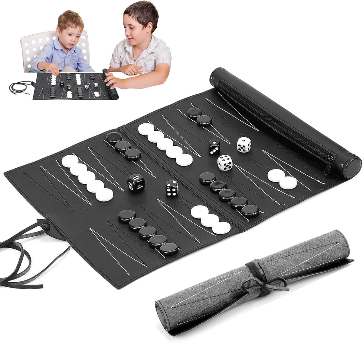 Backgammon Playset - Zwart - Reizen Backgammon - 34.5 x 24.5 cm - Klassiek Bordspel - Draagbare Backgammon Set voor Kamperen en Reizen - 2 Spelers - Backgammon Reizen