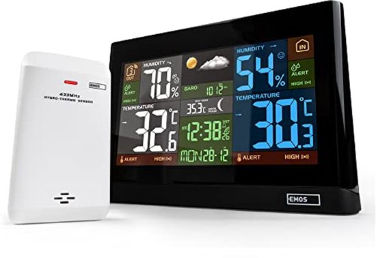 Foto: Draadloos weerstation met kleurendisplay binnen en buiten weersvoorspelling en monitoring