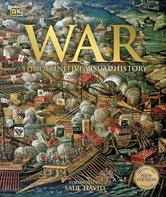 De cover van het boek "War: The Definitive Visual History", met een grootschalige zeeslag.