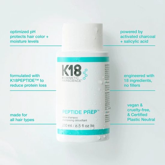 Witte K18 Peptide Prep Detox Shampoo fles met turquoise banden en productinformatie in tekstvakken eromheen.