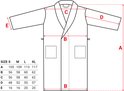 Tableau des tailles pour une robe de chambre bleu clair, avec dimensions A à E en tailles S, M, L, XL.
