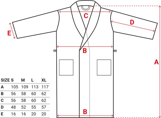 Tableau des tailles pour une robe de chambre bleu clair, avec dimensions A à E en tailles S, M, L, XL.