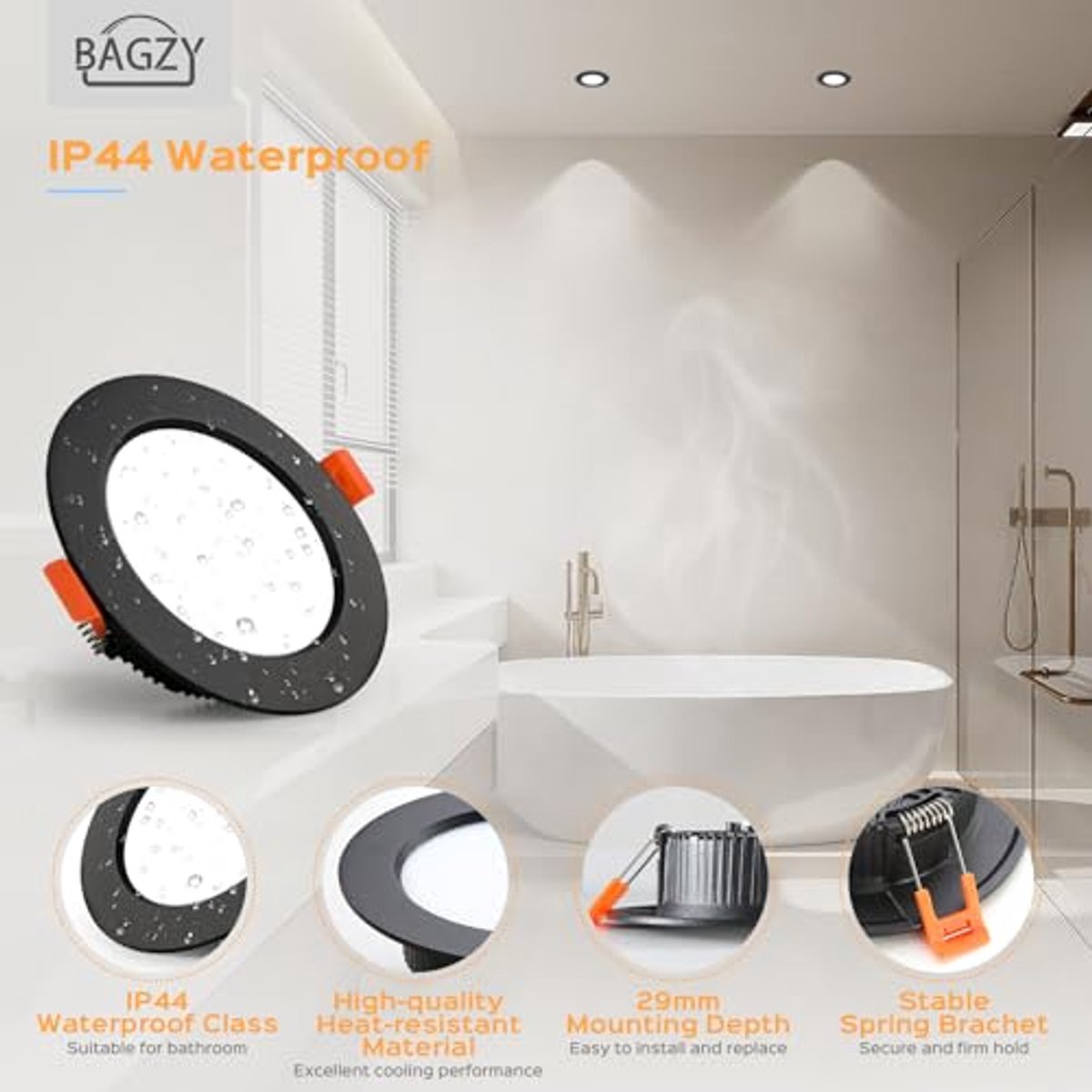 Led-inbouwspot set van 10, 230V, warmwit 3000K, 480 lumen, IP44, voor woonkamer, slaapkamer, badkamer en meer