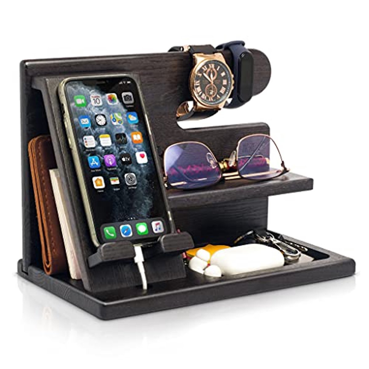 Houten Dockingstation en Organizer voor Smartphone, Sleutels en Horloge - Perfect Cadeau voor Mannen