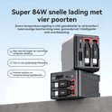 Twee zwarte GaN-laders met vier poorten, elk met 2.4A, 12W, en 45W specificaties.