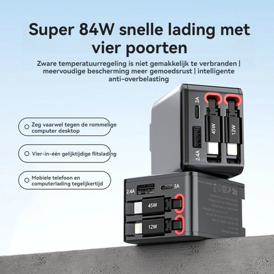 Twee zwarte GaN-laders met vier poorten, elk met 2.4A, 12W, en 45W specificaties.