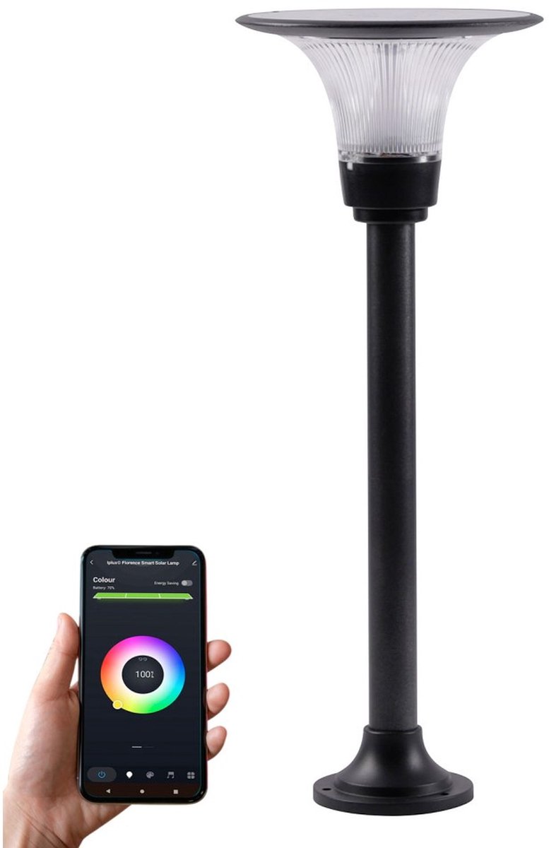 Iplux® Florence - Slimme Staande Solar Lamp 62cm - Smartphone App Control - Warm Wit + Kleur - IP65 Waterproof