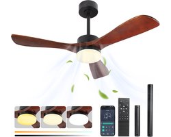 Rosnek Plafondventilator met Verlichting - Ø 106cm - Massief Houten Bladen - Stille DC Motor - App & Afstandsbediening - Dimbare LED - Zomer en Winterstand - Slaapkamer/Woonkamer
