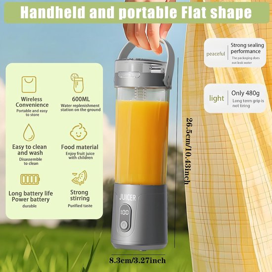 KZQ Draagbare Blender 600ml - Elektrische Mini Sapcentrifuge Met Usb Voor Fruit Shakes En Smoothies - Geschikt Voor Thuis Kantoor School En Buiten - Digitaal Display Grijs van kzq — afbeelding 2