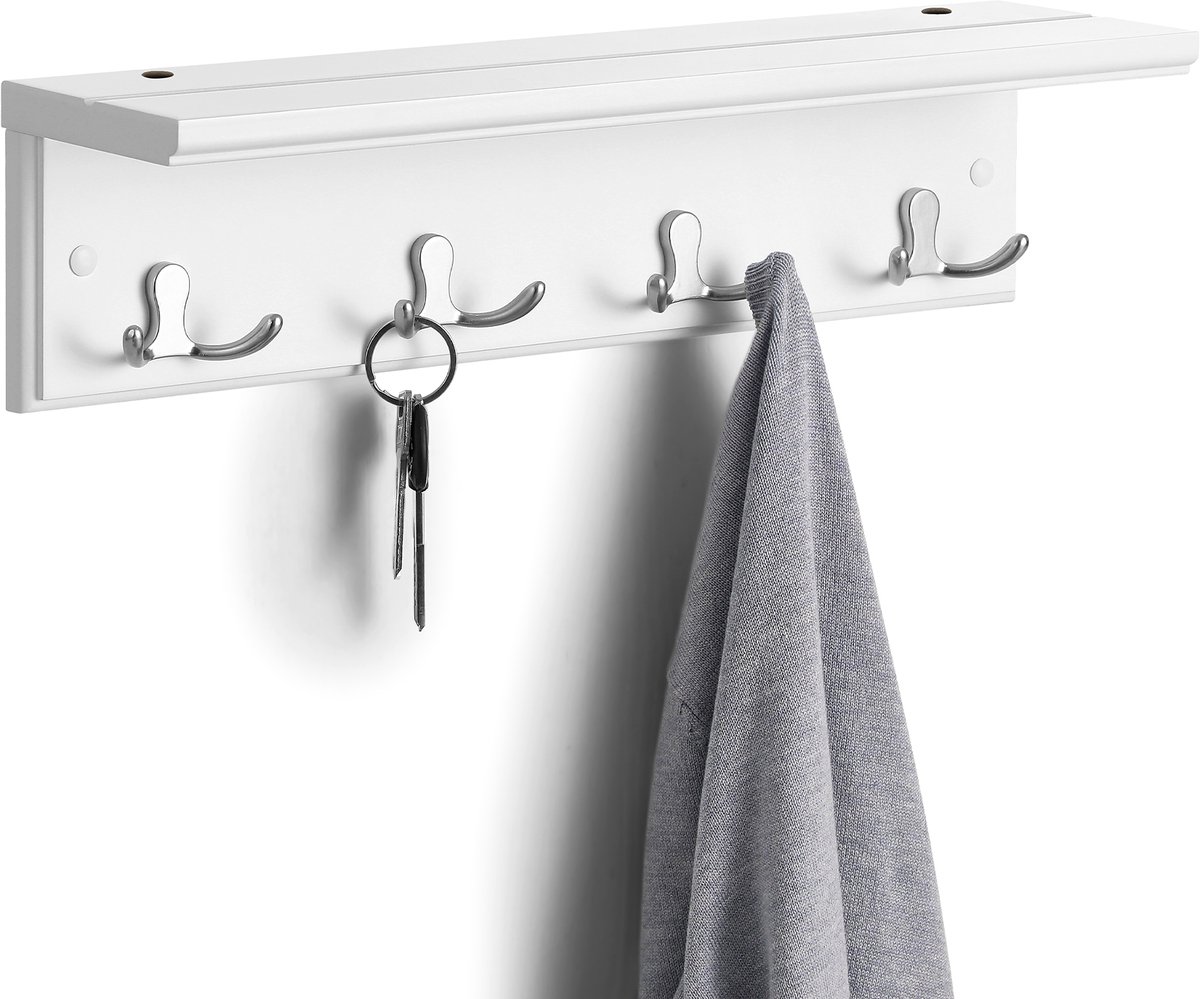 SONGMICS - Kapstok - Wandkapstok - Plank - 4 Dubbele Metalen Haken - Voor Hal Slaapkamer Woonkamer