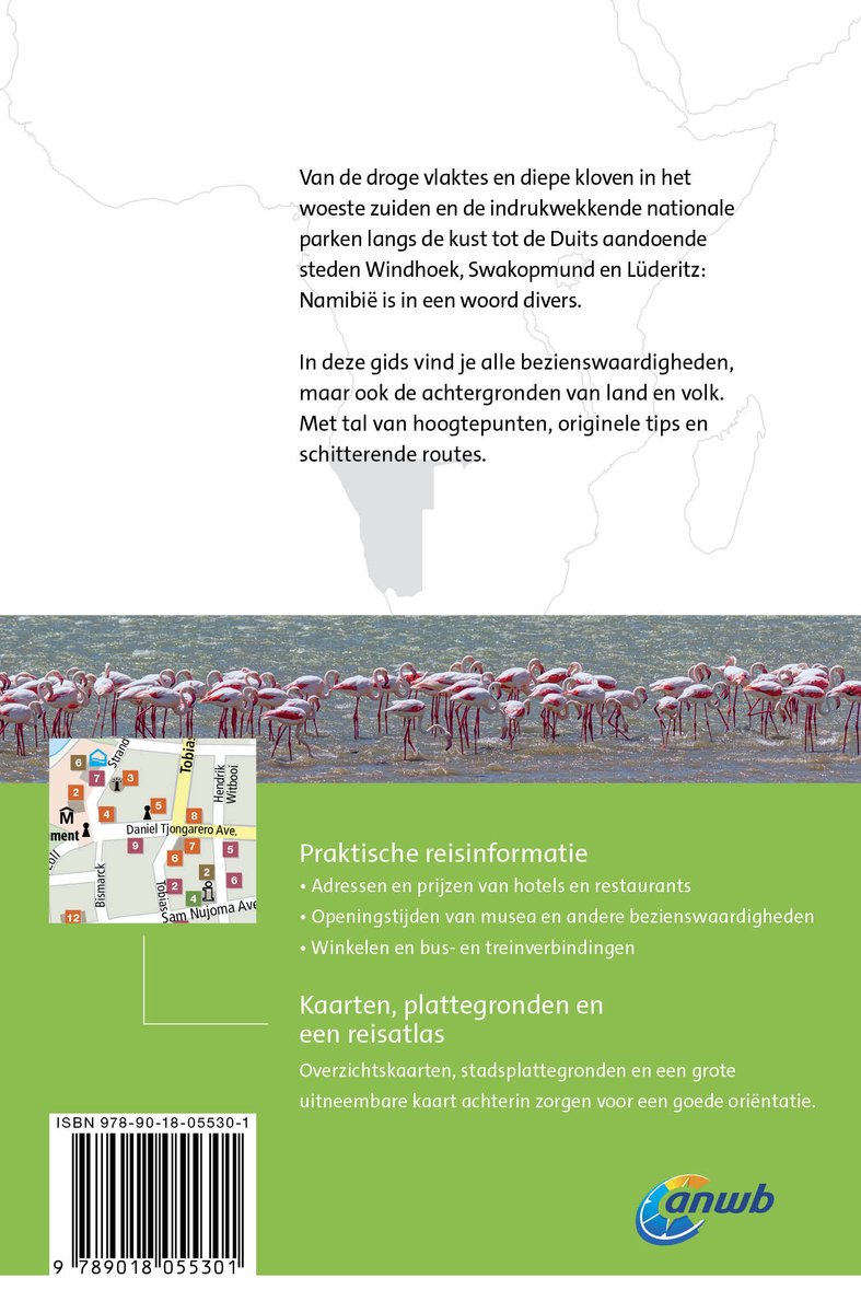 ANWB Wereldreisgids Namibië met praktische reisinformatie, plattegronden en een uitneembare kaart. Veerlijk met flamingo's.