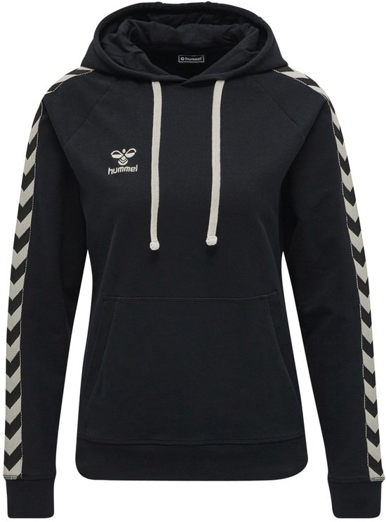 Zwarte Hummel hoodie voor dames met beige chevron-strepen op de mouwen en een wit logo.