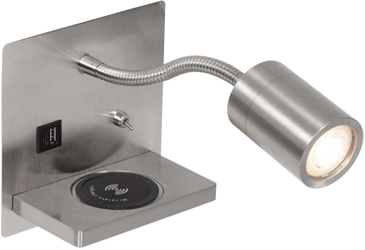Wandlamp Upround 3654ST staal met draadloze telefoonlader, dim-to-warm, GU10 fitting, modern design, Mexlite