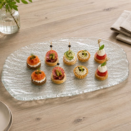 Een glazen serveerschaal met daarop 8 hapjes: zalmrolletjes, salami met augurk, komkommerhapjes en tomaten-mozzarella-hapjes. Staat op een houten tafel.