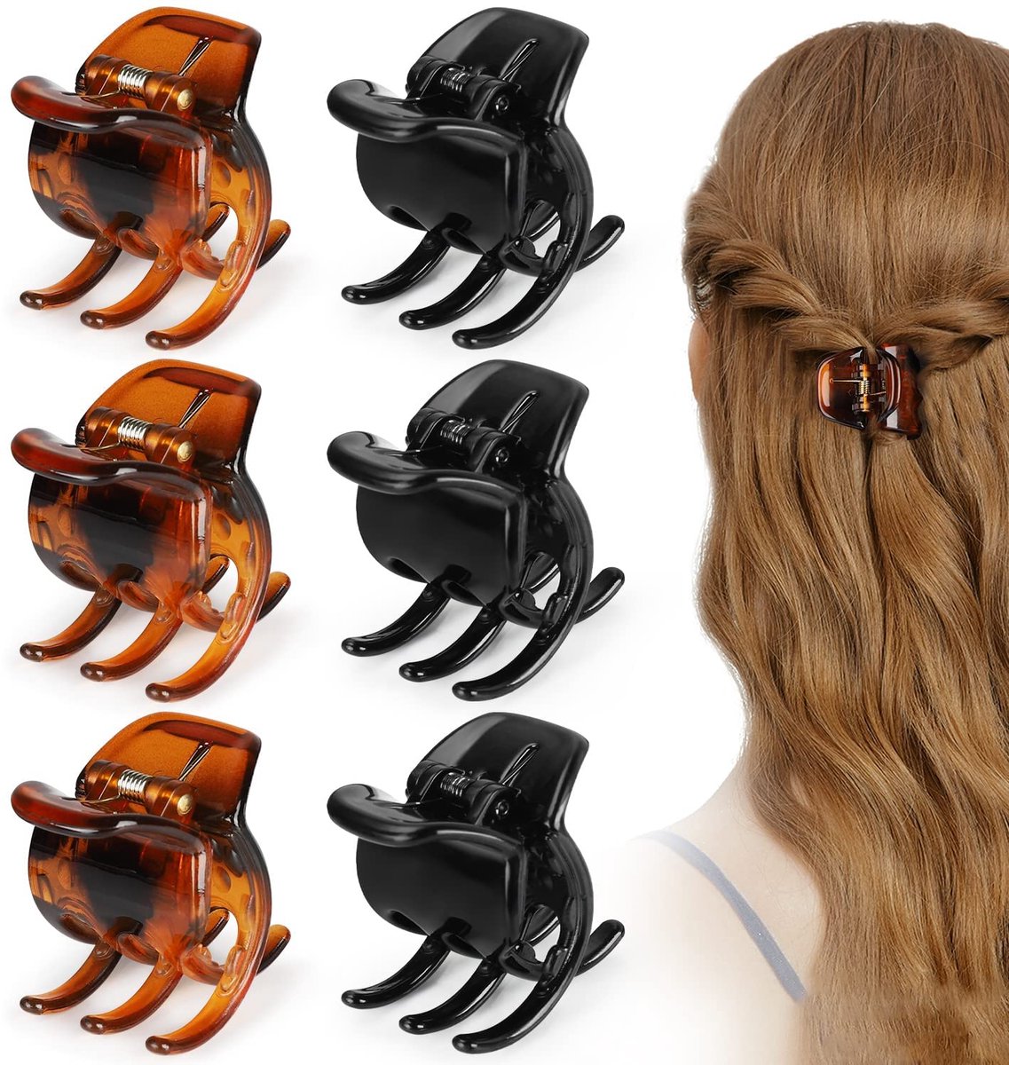 6 haarclips met tangbekken, geschikt voor dik of gemiddeld haar.