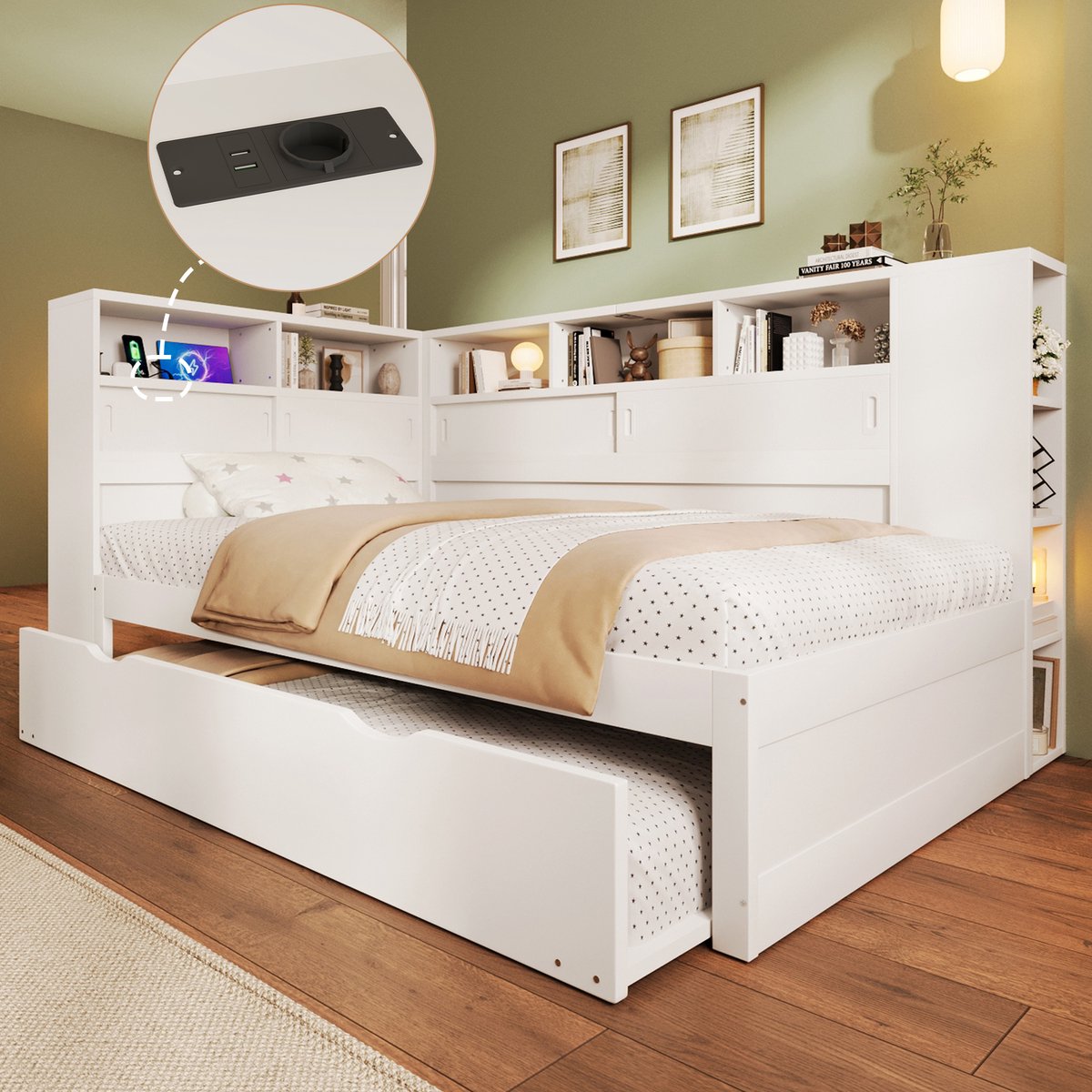 MODFU Kinderbed - Uitschuifbed En Opbergruimte - Scandinavisch - Met USB - Grenenhout - Wit - 90 x 200 cm