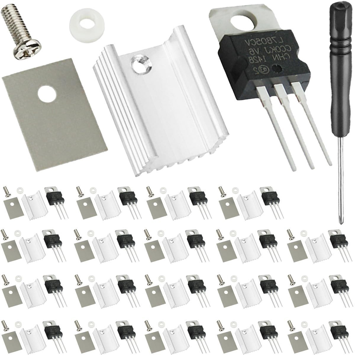 Drie aansluiting spanningsregelaar 5V 1.5A TO-220 met aluminium koellichaam en montagemateriaal (20 stuks) voor elektronica projecten