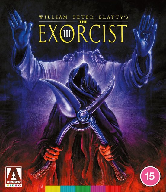 La couverture de L'Exorciste III avec une figure sombre tenant des ciseaux et une robe de prière. Avec logo Arrow Video et icône d'âge 15.