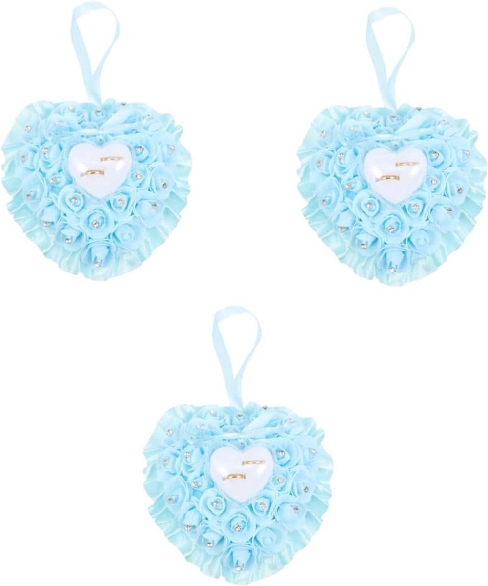 Ring Kussens - Bruiloft Accessoires - Ring Presentatie - Lace en Strass - 3 Stuks - Hemelsblauw