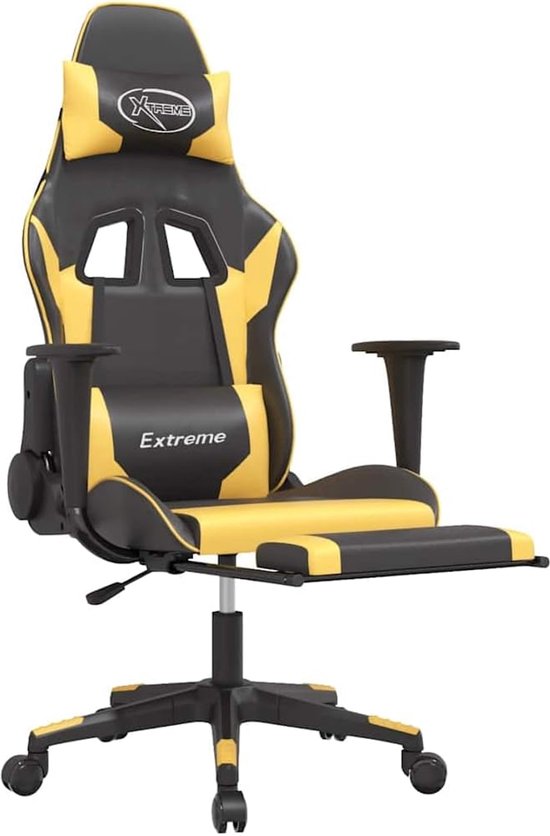 Gamingstoel met massagefunctie en voetensteun, verstelbare rugleuning, 360 graden rotatie van kunstleer in zwart/goud — afbeelding 3