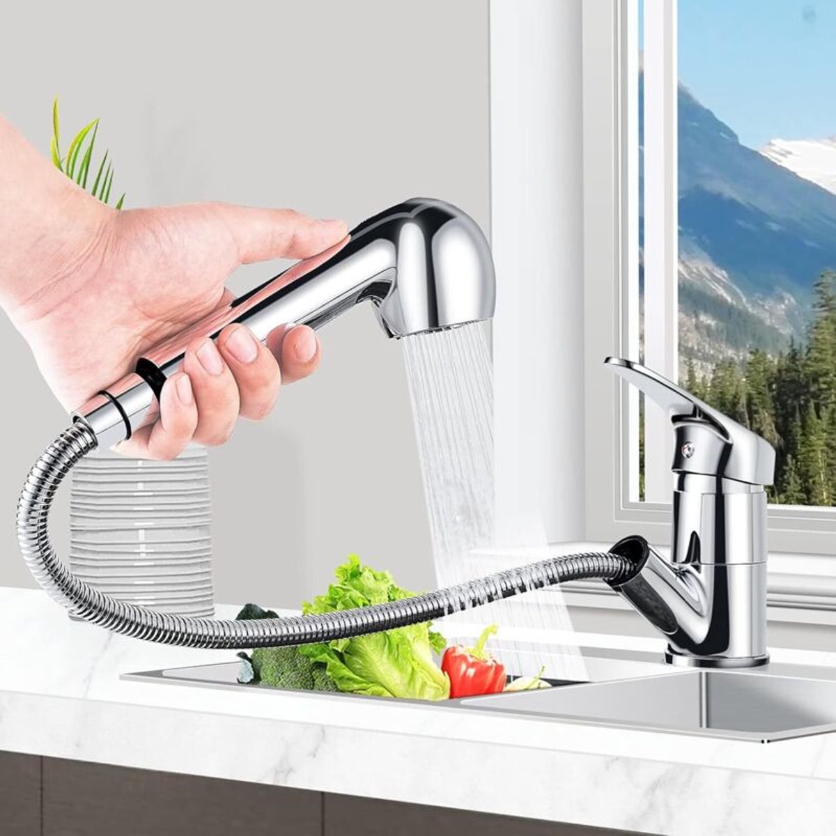 Uittrekbare keukenkraan, keukenkraangeschikt voor twee uitgangen, 360° draaibare keukenmengkraan, geschikt voor warm en koud water, roestvrij staal.