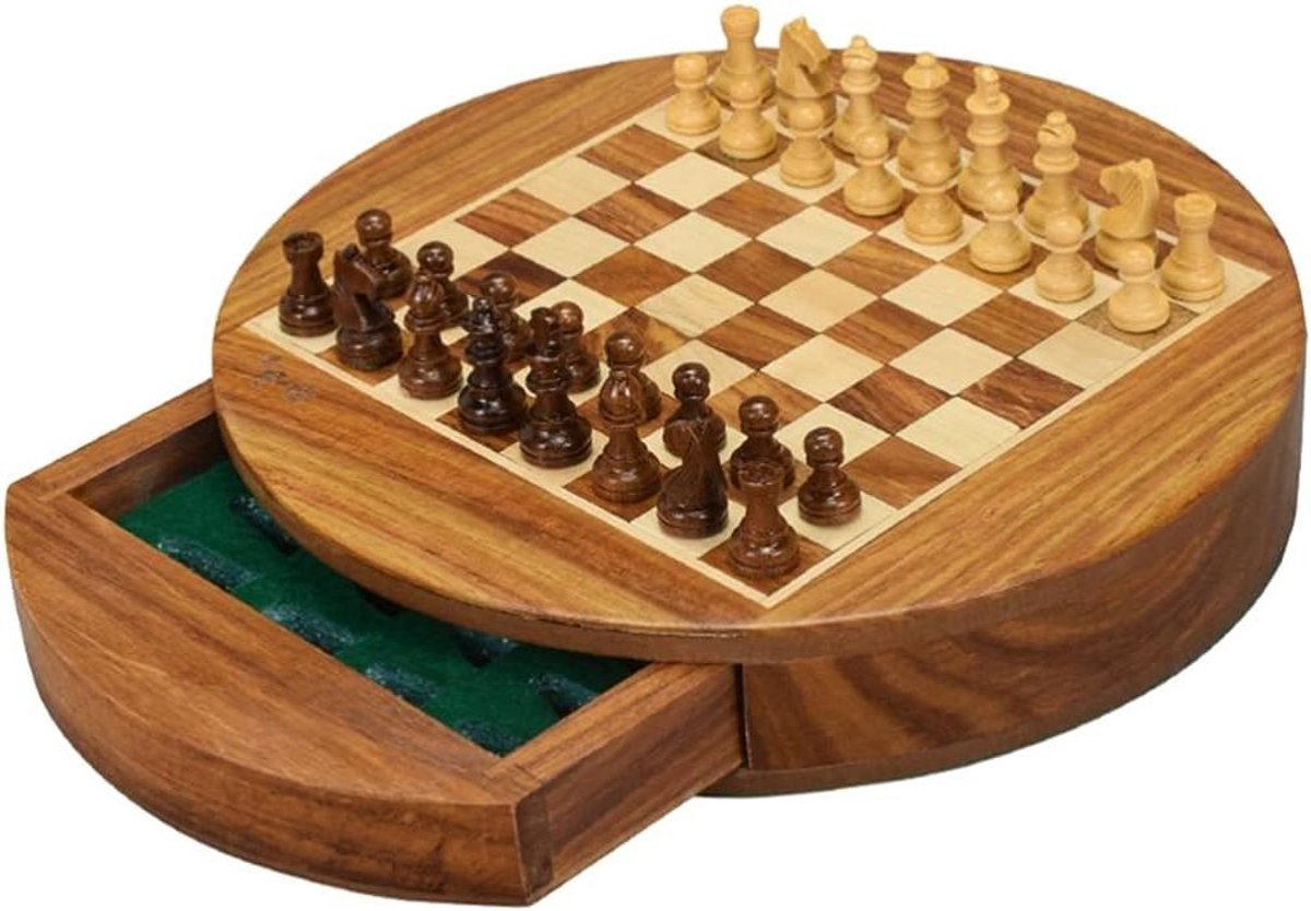 Internationaal schaken Houten schaak set magnetische reisschaak ronde voor beginnerskinderen en volwassenen -storage voor stukken hout pionnen, 9in Cadeauartikel (Grootte : Small)