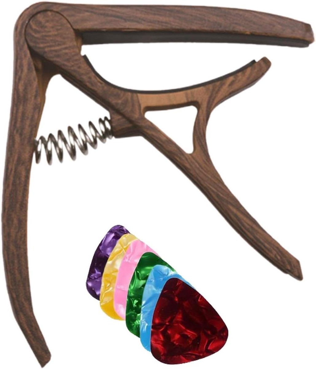 Gitaar Capo - Muziek Accessoire - Toon Veranderen - Met Plectrum Houder - 8x9cm - Maple Kleur