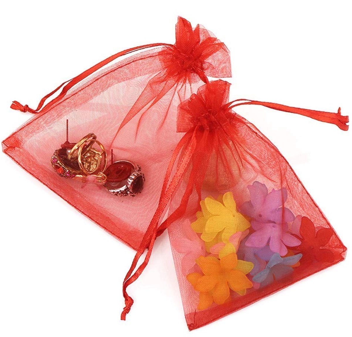 Dailygoods - Dailygoody - Rode Organza Feestzakjes - Snoepjes Tas - Perfect voor Feesten - 12x9 cm - Kleine Tasjes - Geschikt voor Bruiloft en Verjaardag - 50 Stuk