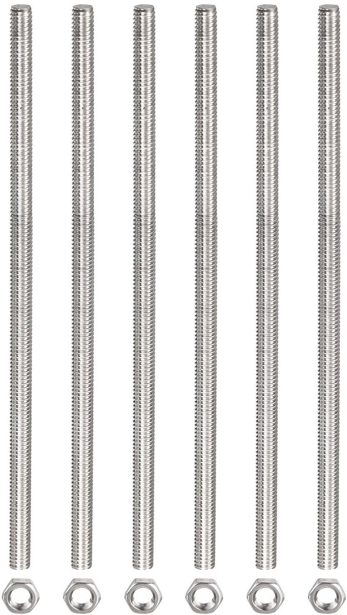 Dailygoods - Schroefdraadstang met 6 Zeskantmoeren van Roestvrij Staal M3 x 300 mm